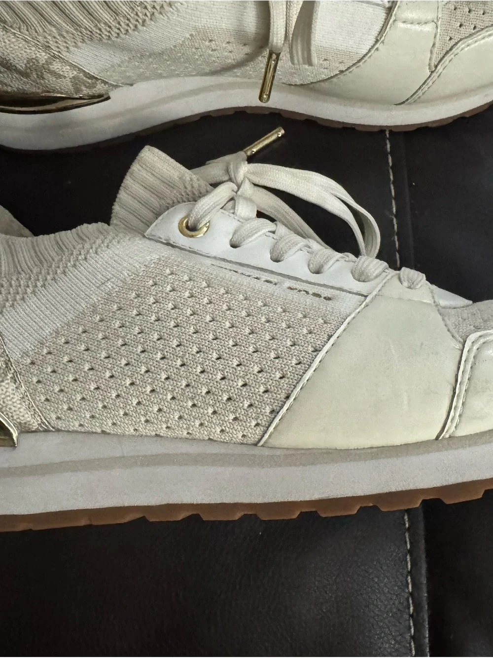 Michael Kors Cream Knit Lace-Up Sneakers with Gold Accents